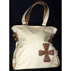 Ming Hai Fashion Collection Yellow Khaki Tote Bag Brown Faux Leather Accents